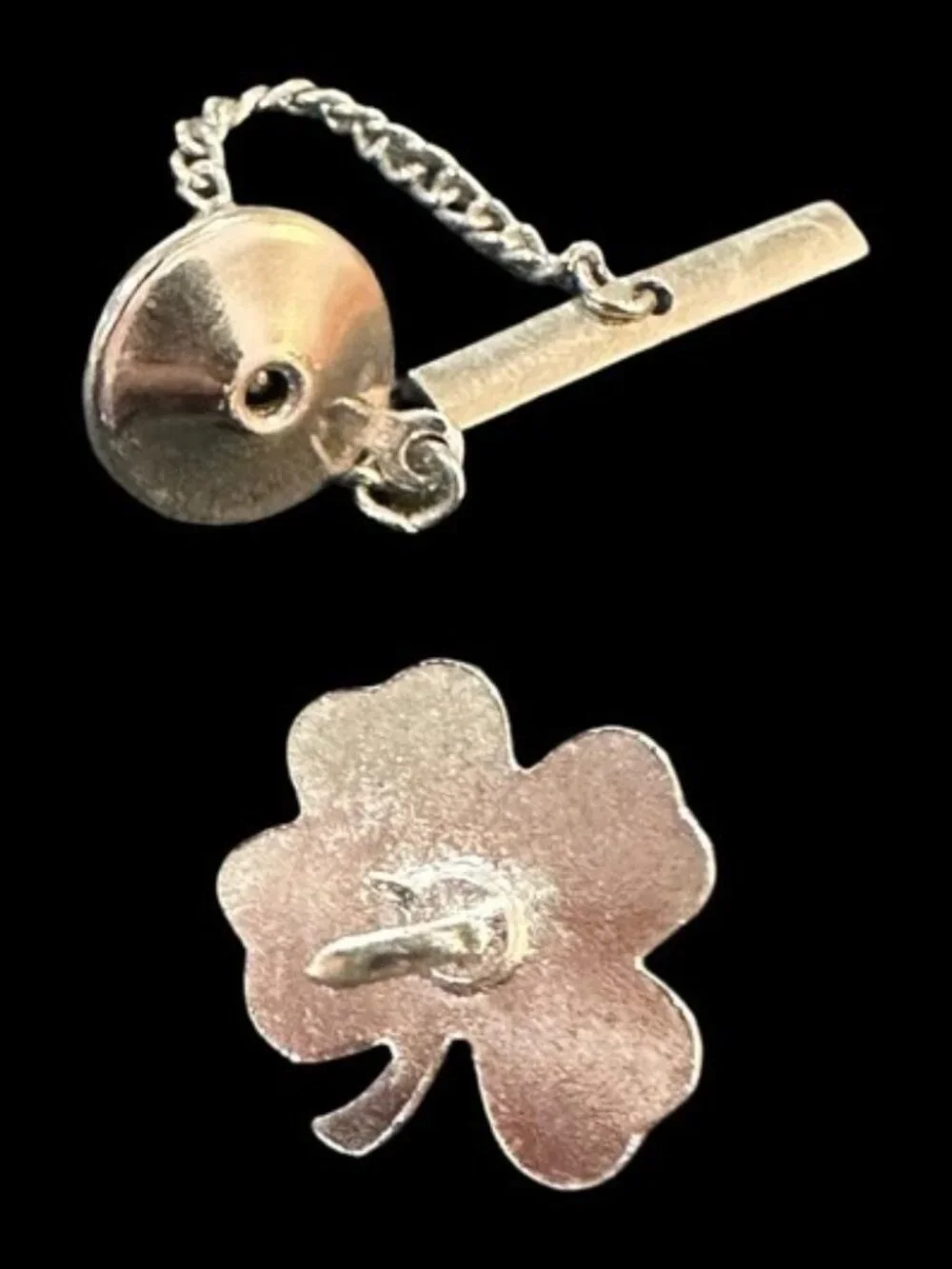 Four Leaf Clover Vintage Tie Tack Silver Tone Black Mens Accessories